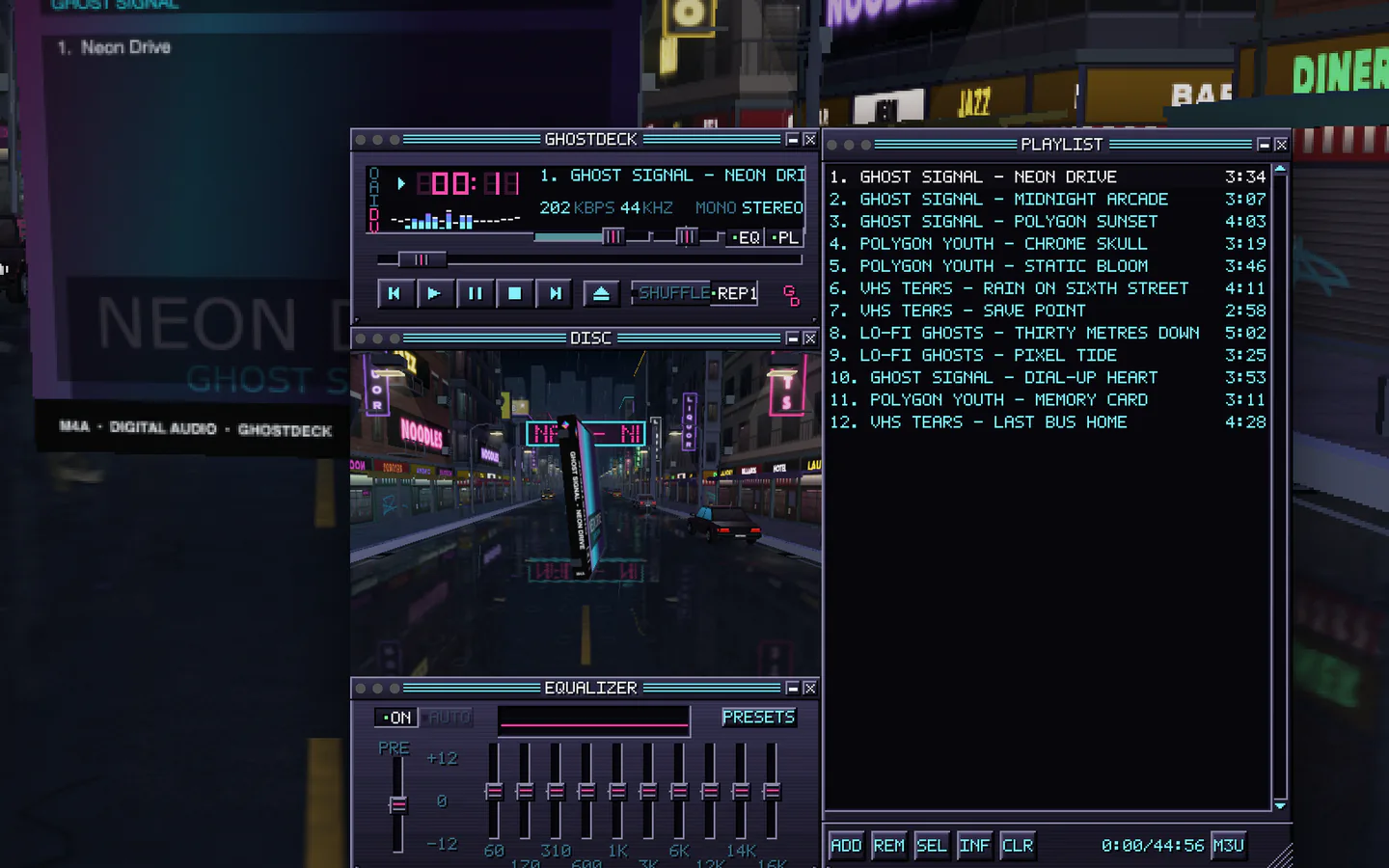 Four GhostDeck windows (player, disc, equalizer and playlist) over its neon city scene