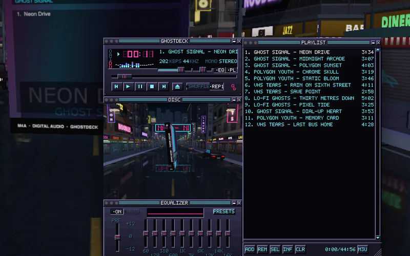 Four GhostDeck windows (player, disc, equalizer and playlist) over its neon city scene