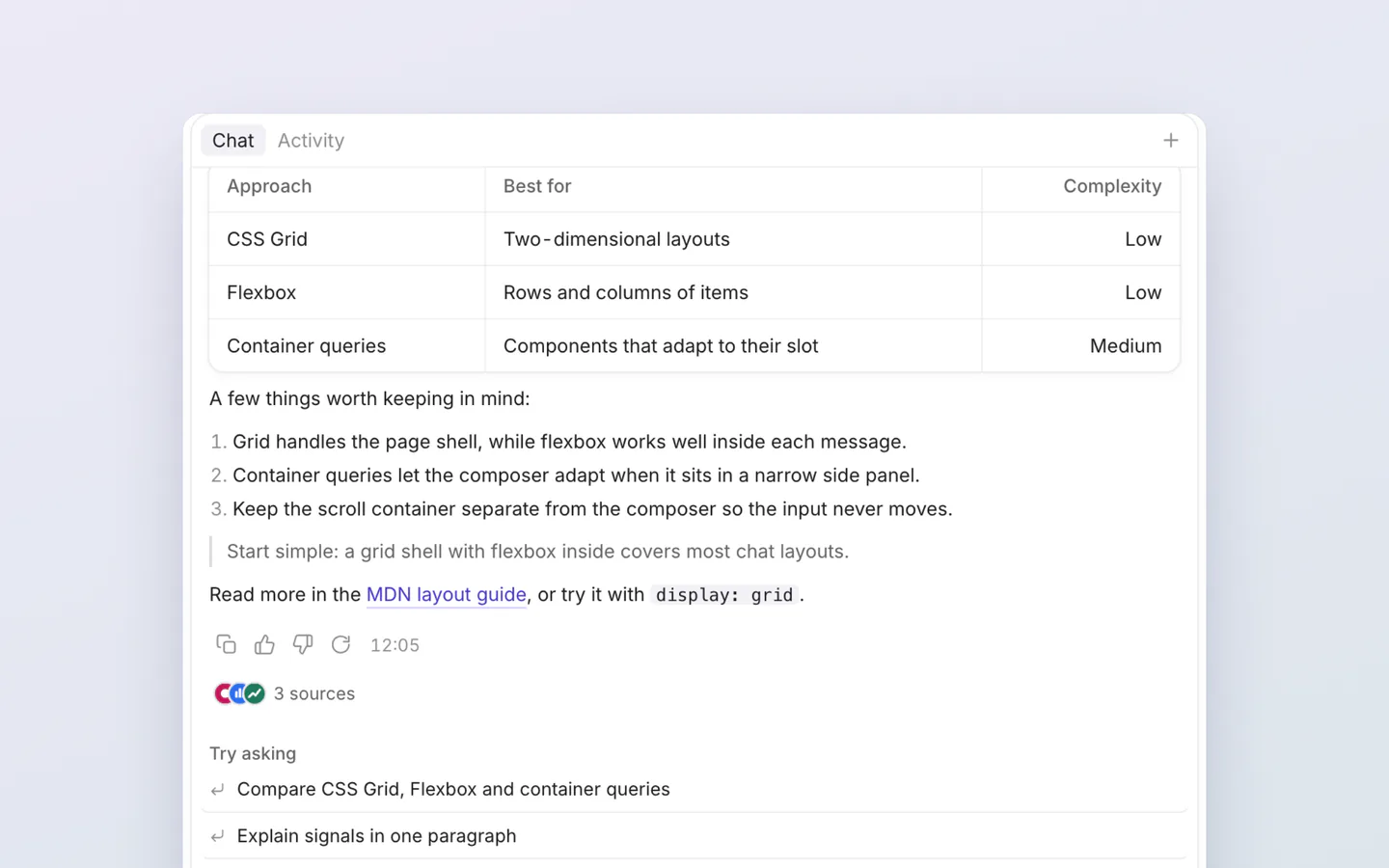 The ngx-beautiful-ui demo: a chat panel with a markdown table, a numbered list and source chips