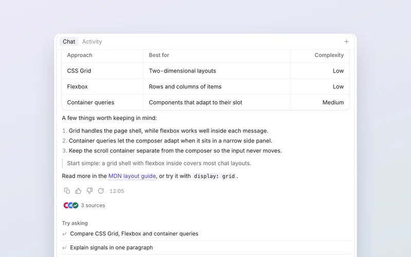 The ngx-beautiful-ui demo: a chat panel with a markdown table, a numbered list and source chips