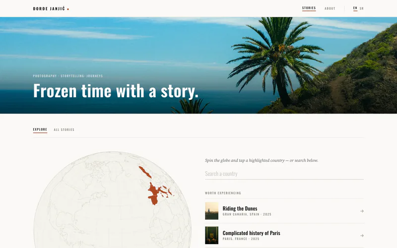 The photography site’s home page: a photo header and a globe with the countries that have stories