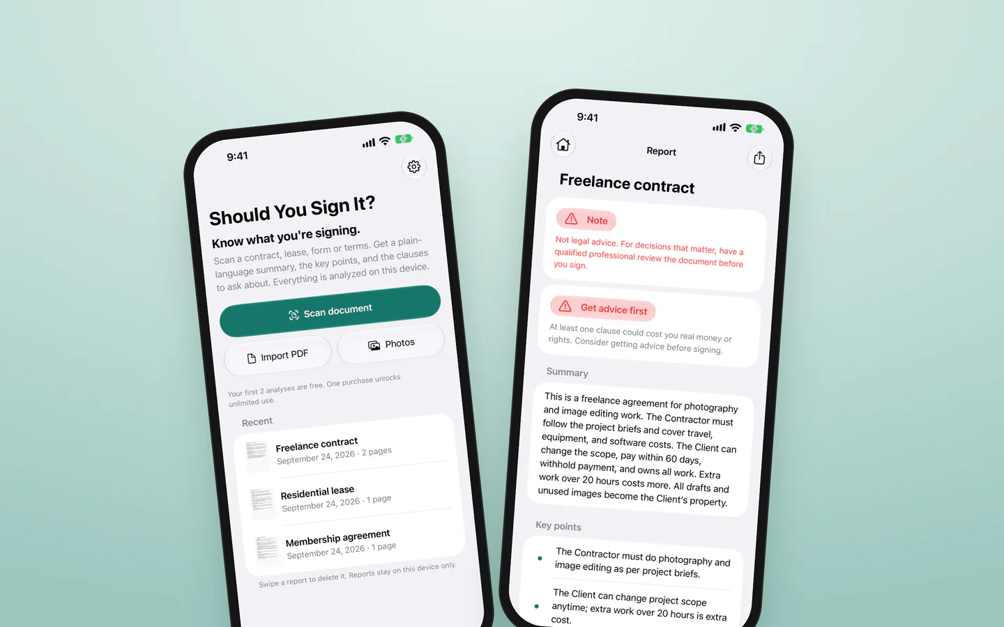 Should You Sign It? on two iPhones: the home screen and a report on a freelance contract